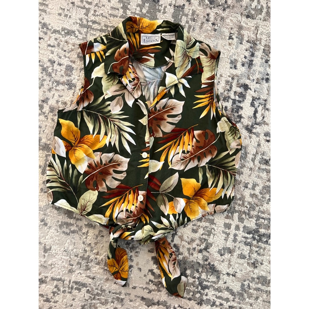Basic Editions Tropical Floral Tie Front Sleeveless Button Down Rayon Top Medium